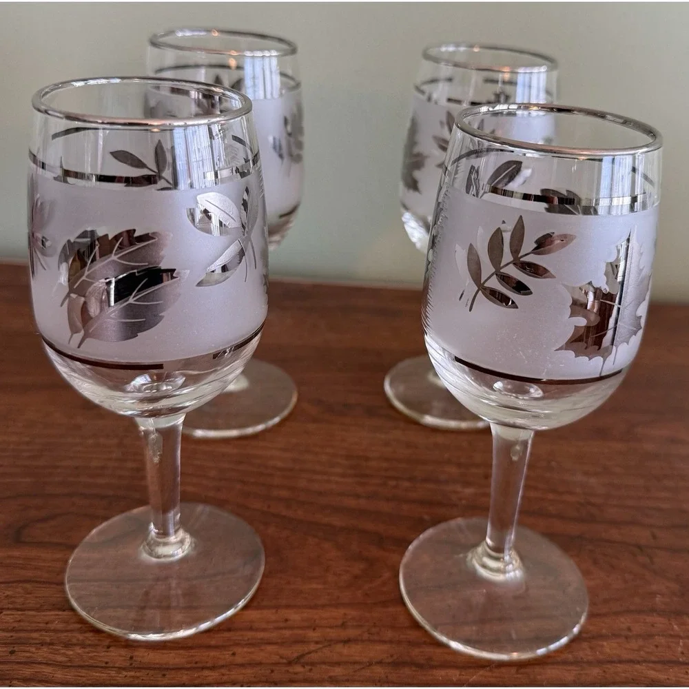 4 Vintage Libbey Glass Co. Silver Leaf Rimmed / Frosted Wine Glasses 5.75